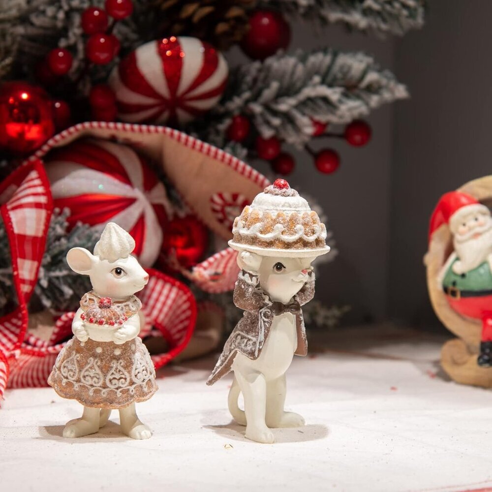 Indoor Christmas Gingerbread Mouse Figurine Set of 2 for Christmas, Festive Tabl